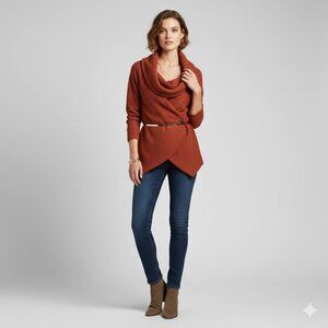 Sigrid Olsen Knit Wrap Sweater Draped Cowl Neckline SMALL Rust Brown Wool Blend